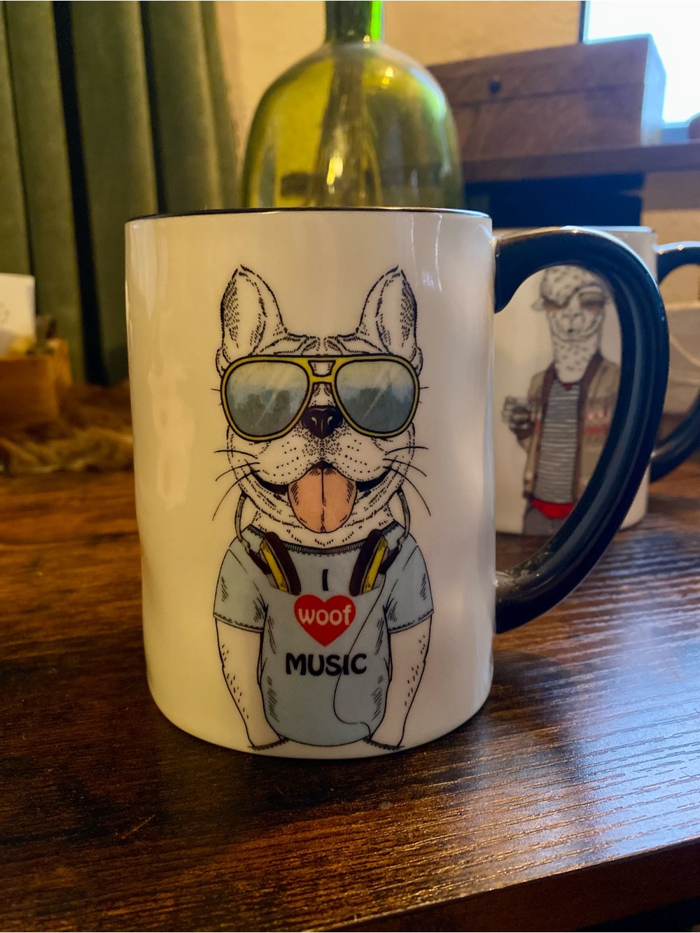 Hipster Dog Stoneware Coffee Mug Graphic Animal “I Woof Music” Signature Ceramic